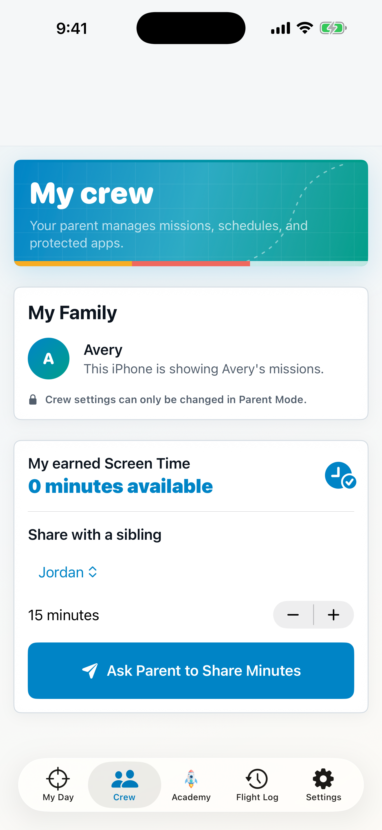 Child family crew progress screen