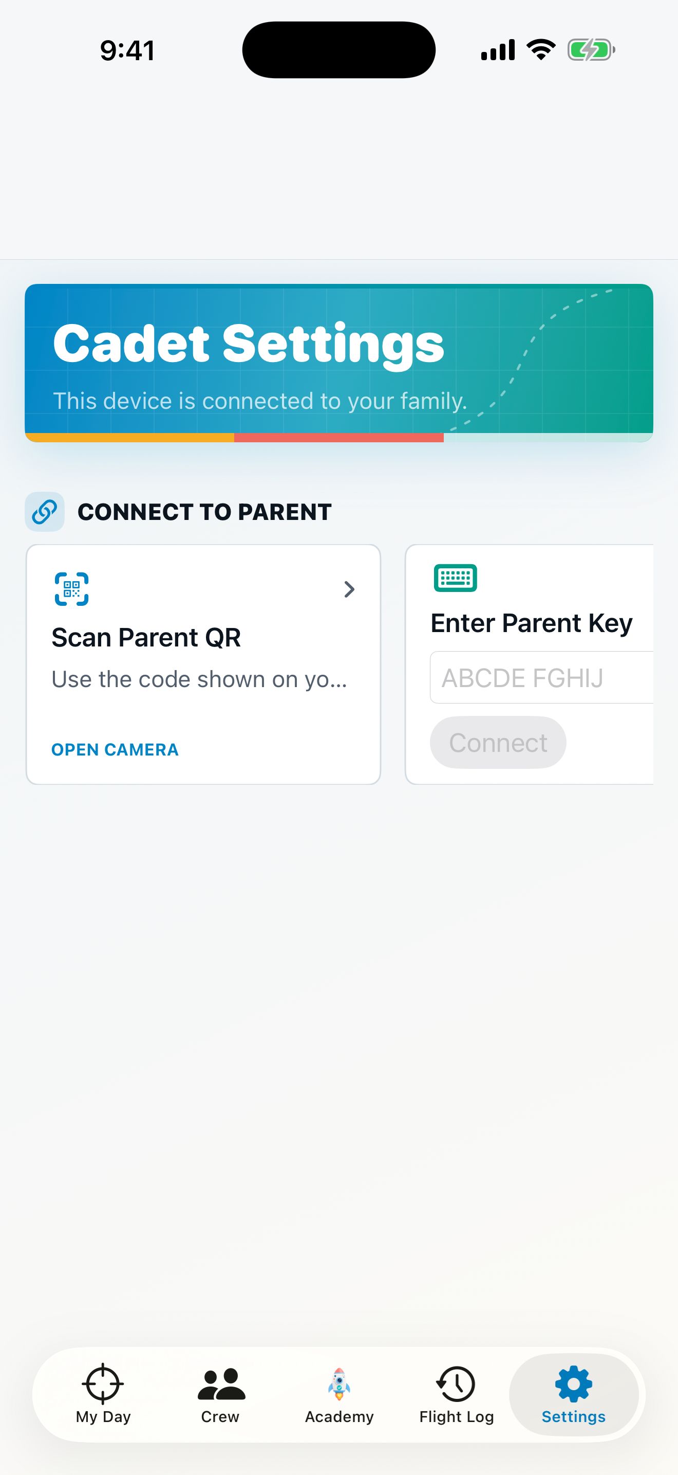Simple child settings screen for connecting to a parent