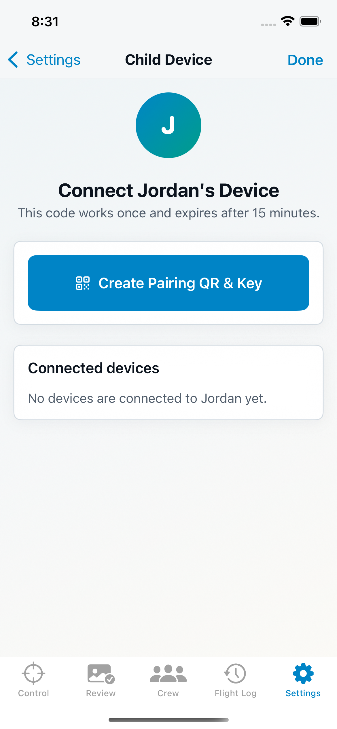 PhotoProof parent screen for creating a one-time pairing QR code and backup key