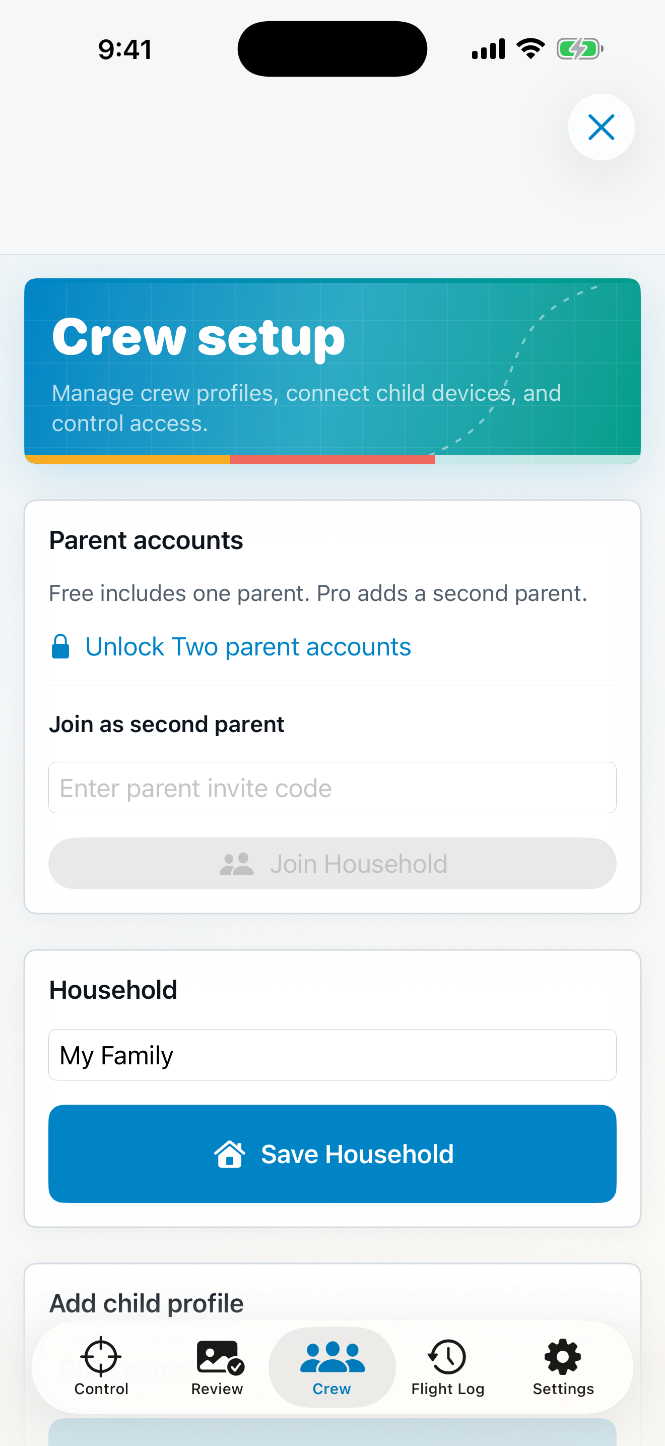 Parent family crew screen