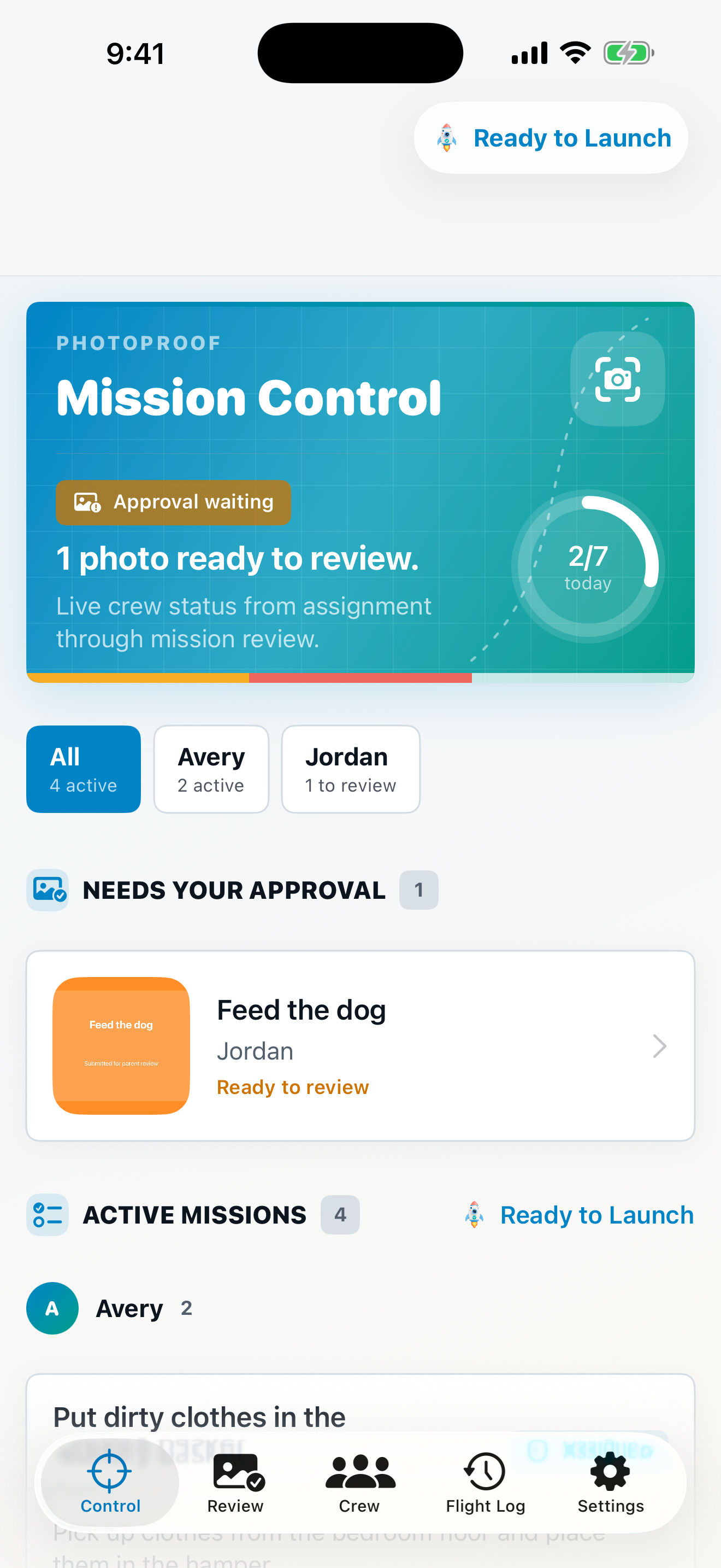 Parent Mission Control dashboard